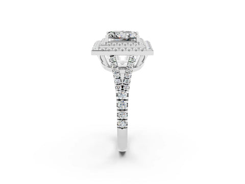White gold Princess Cut Moissanite Double Halo Ring with Pavé Band and Prong Setting_14