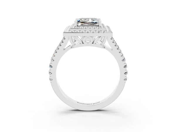 Platinum Princess Cut Moissanite Double Halo Ring with Pavé Band and Prong Setting