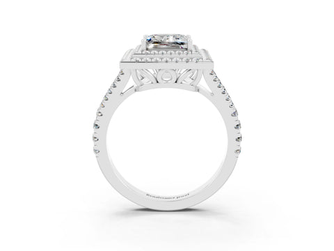 White gold Princess Cut Moissanite Double Halo Ring with Pavé Band and Prong Setting_15