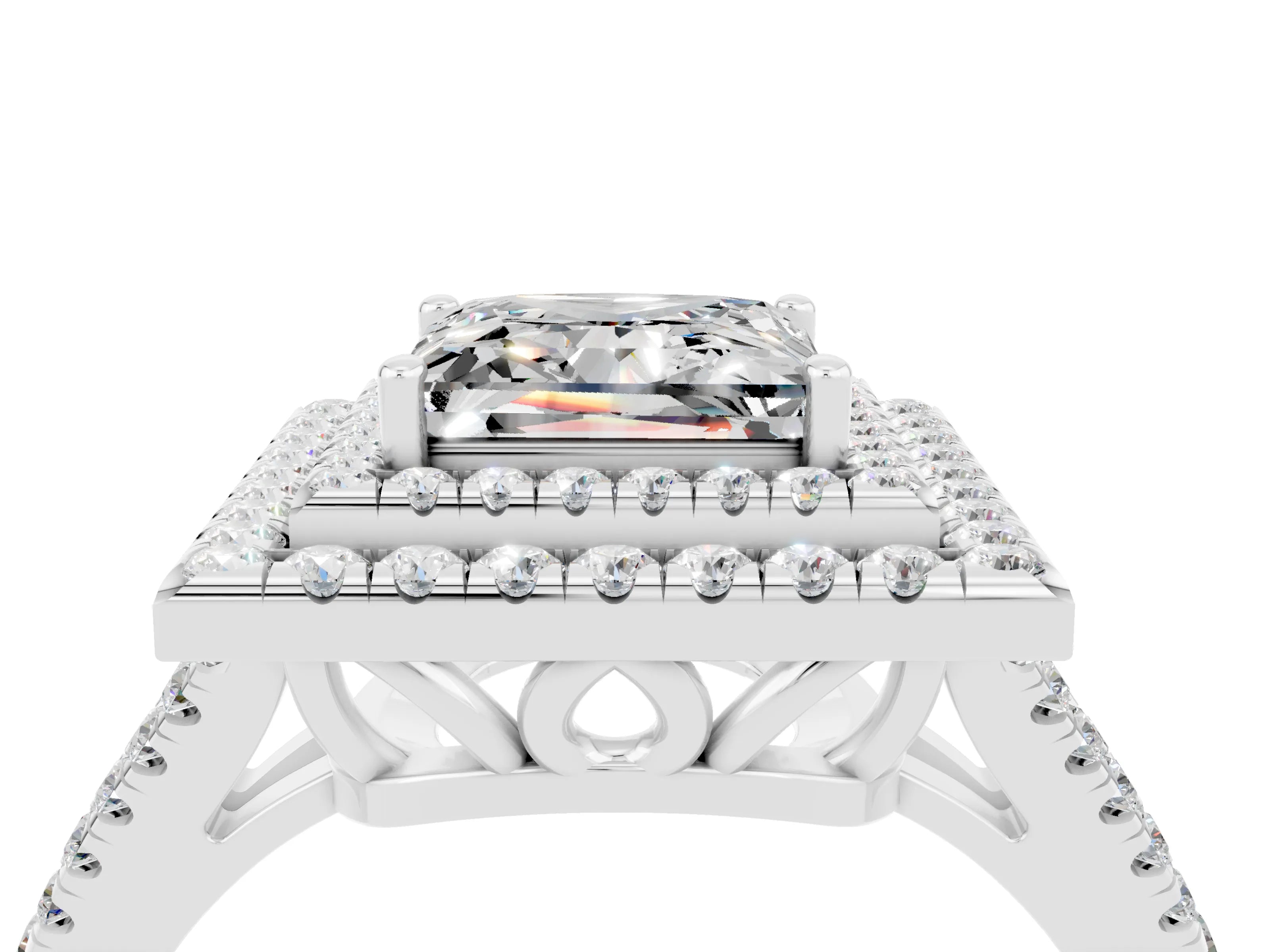 White gold Princess Cut Moissanite Double Halo Ring with Pavé Band and Prong Setting_16