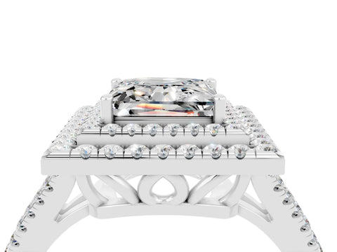 White gold Princess Cut Moissanite Double Halo Ring with Pavé Band and Prong Setting_16