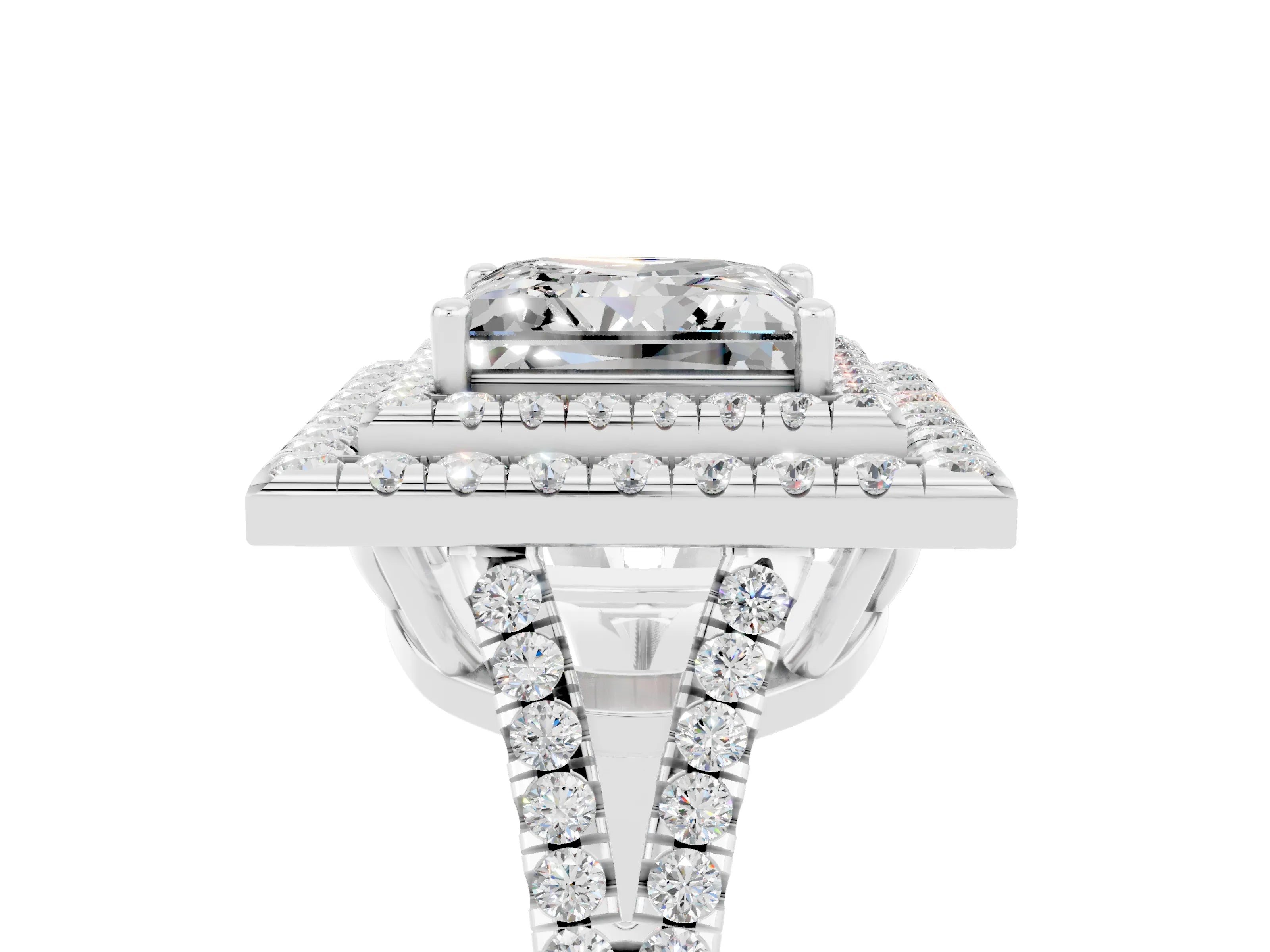 White gold Princess Cut Moissanite Double Halo Ring with Pavé Band and Prong Setting_17