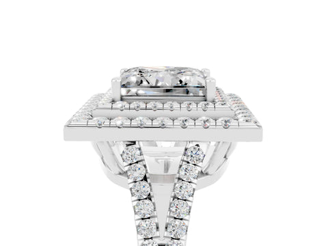 White gold Princess Cut Moissanite Double Halo Ring with Pavé Band and Prong Setting_17