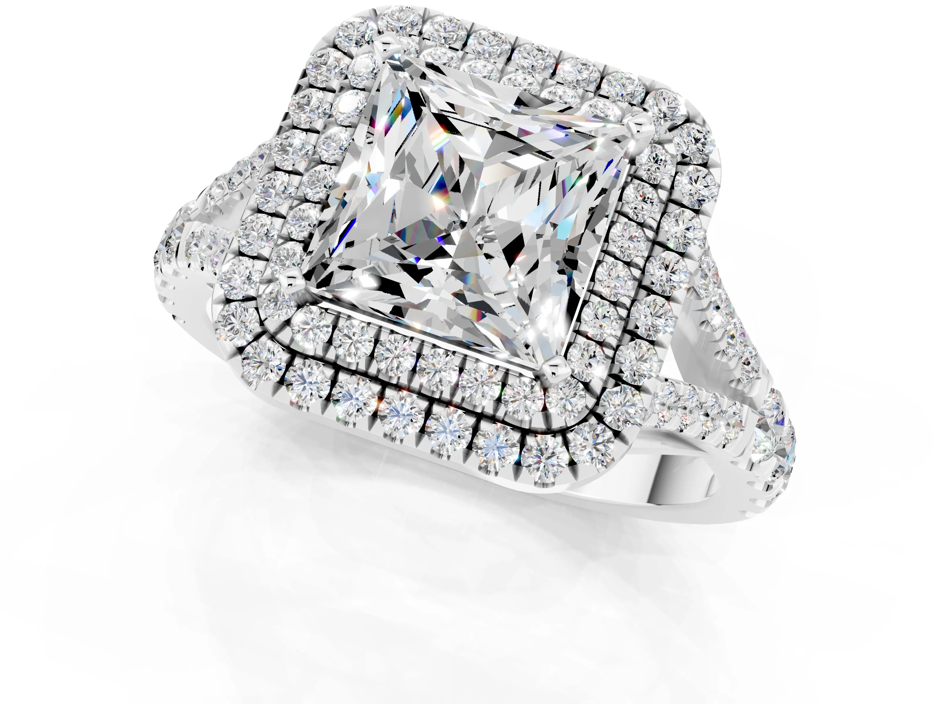 White gold Princess Cut Moissanite Double Halo Ring with Split Shank and Prong Setting_34