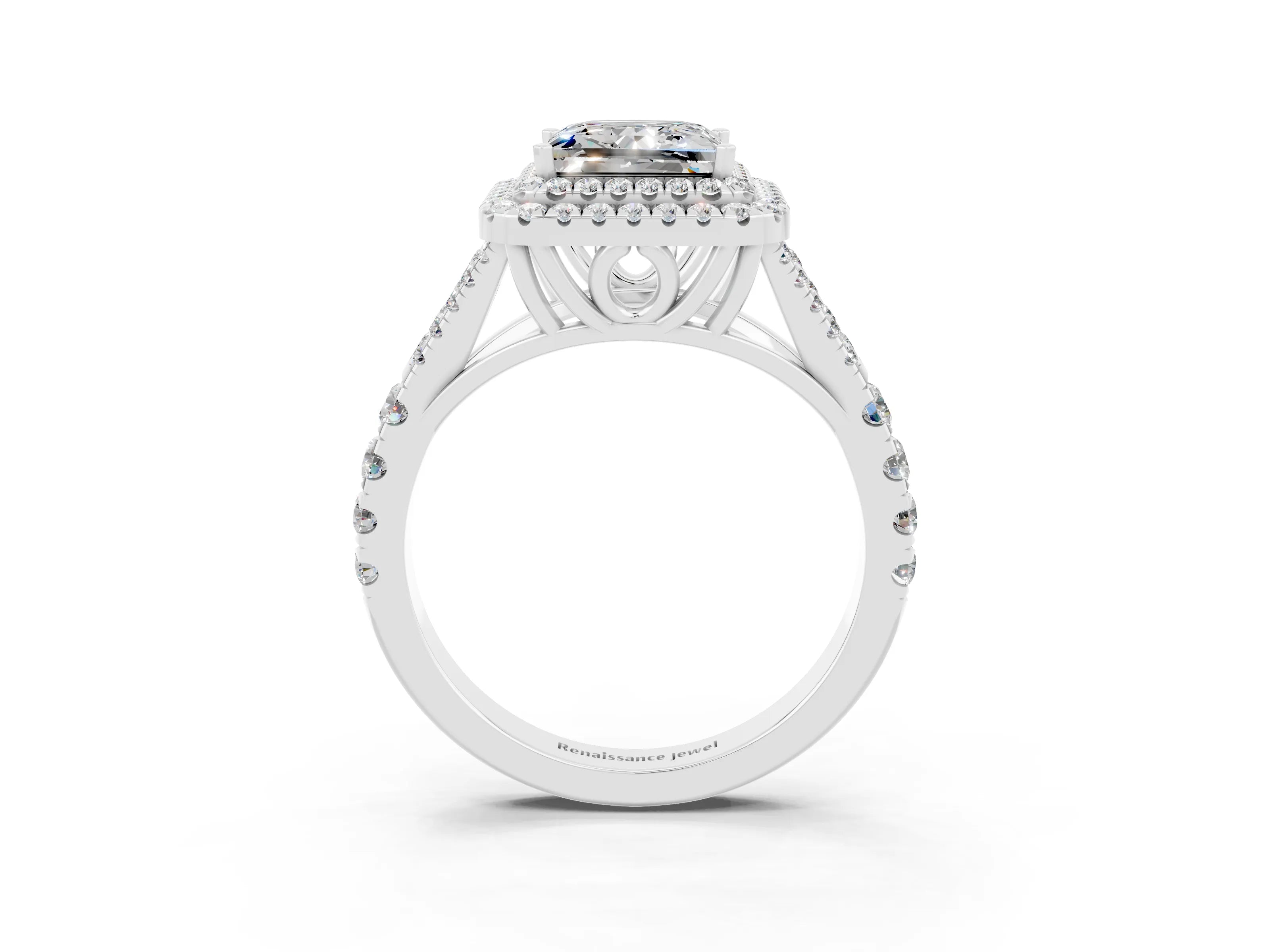 White gold Princess Cut Moissanite Double Halo Ring with Split Shank and Prong Setting_36
