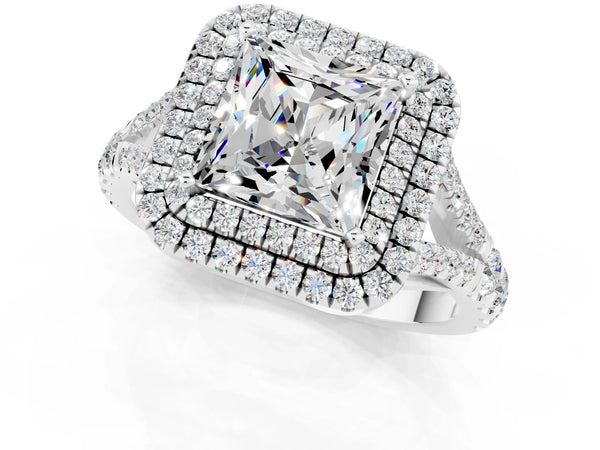 Platinum Princess Cut Moissanite Double Halo Ring with Split Shank and Prong Setting
