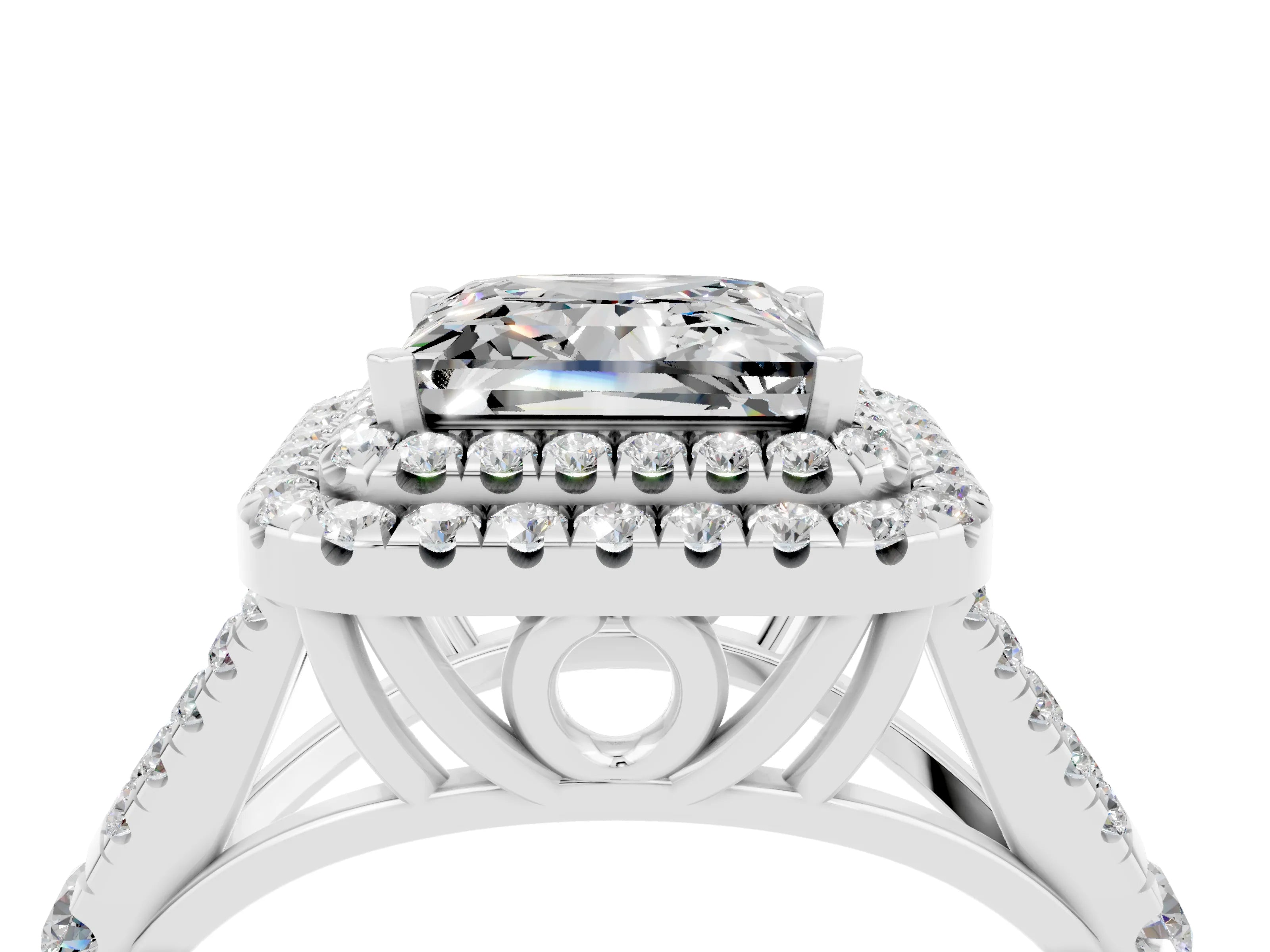 White gold Princess Cut Moissanite Double Halo Ring with Split Shank and Prong Setting_37