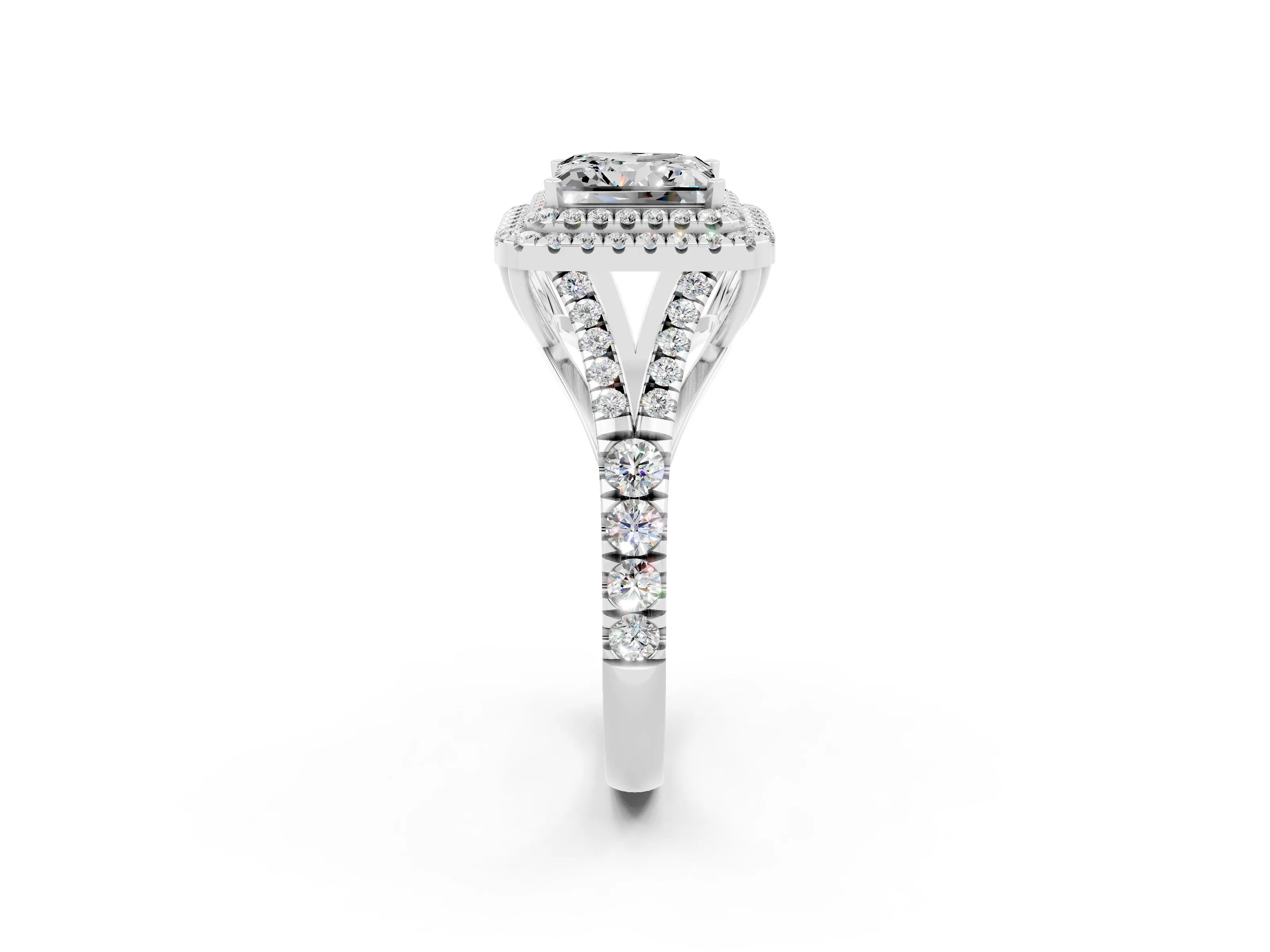 White gold Princess Cut Moissanite Double Halo Ring with Split Shank and Prong Setting_38