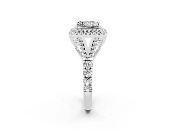 Platinum Princess Cut Moissanite Double Halo Ring with Split Shank and Prong Setting