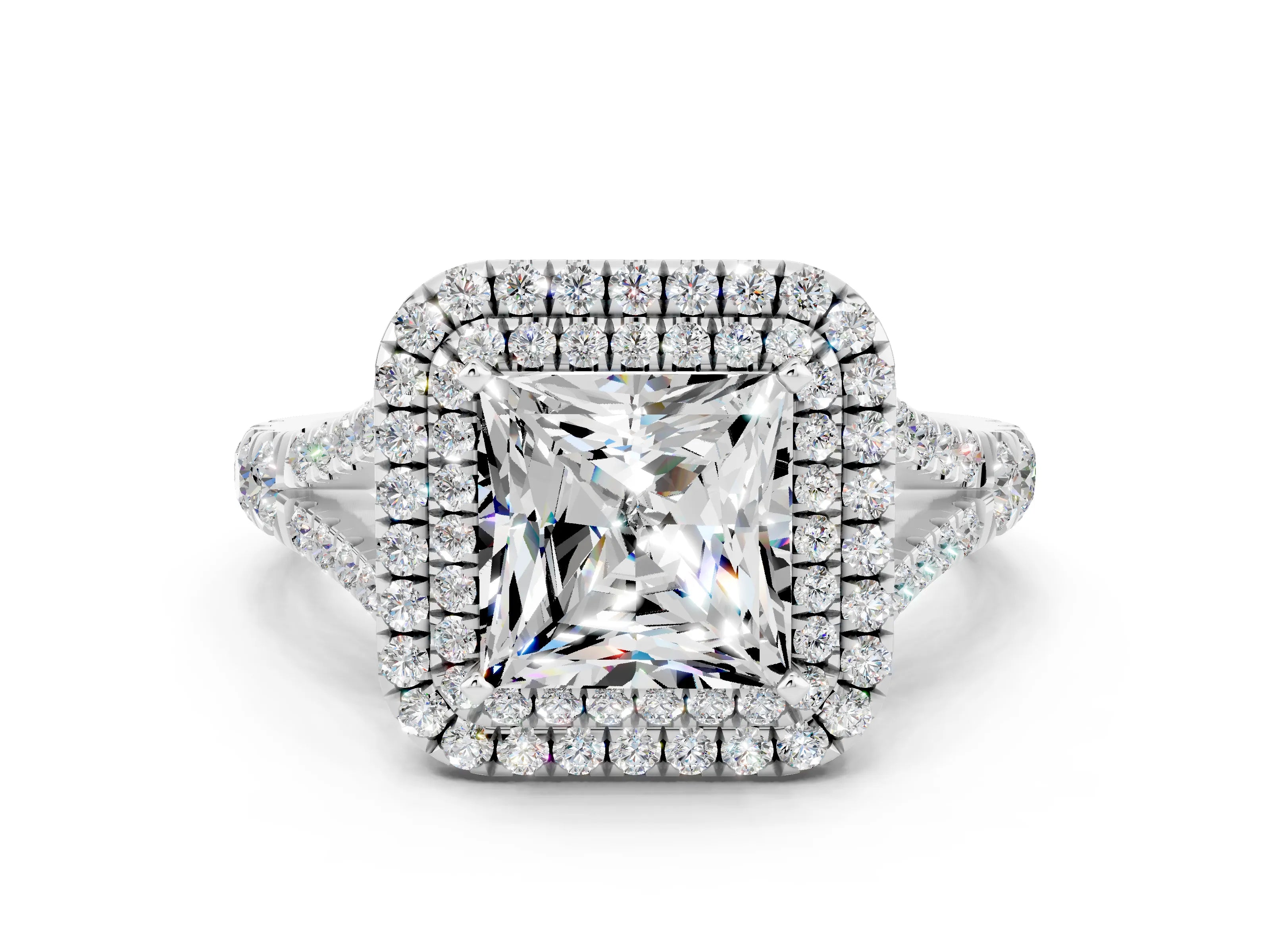 White gold Princess Cut Moissanite Double Halo Ring with Split Shank and Prong Setting_42