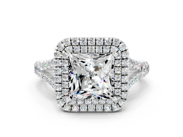 White gold Princess Cut Moissanite Double Halo Ring with Split Shank and Prong Setting