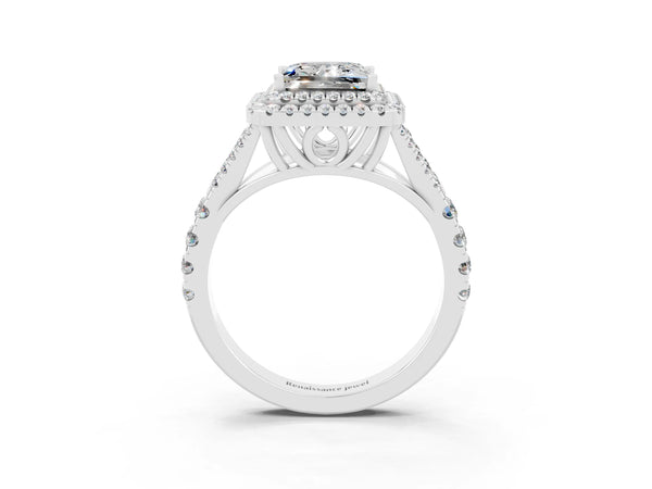 White gold Princess Cut Moissanite Double Halo Ring with Split Shank and Prong Setting