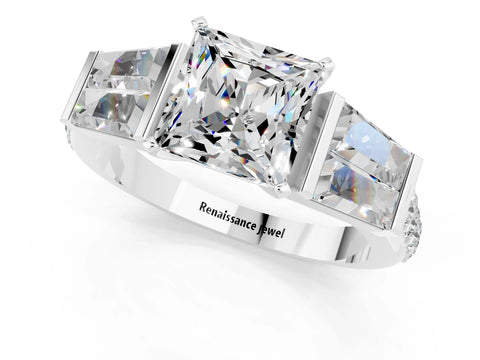White gold Princess Cut Moissanite Engagement Ring with Baguette Side Stones and Channel Set Band_1