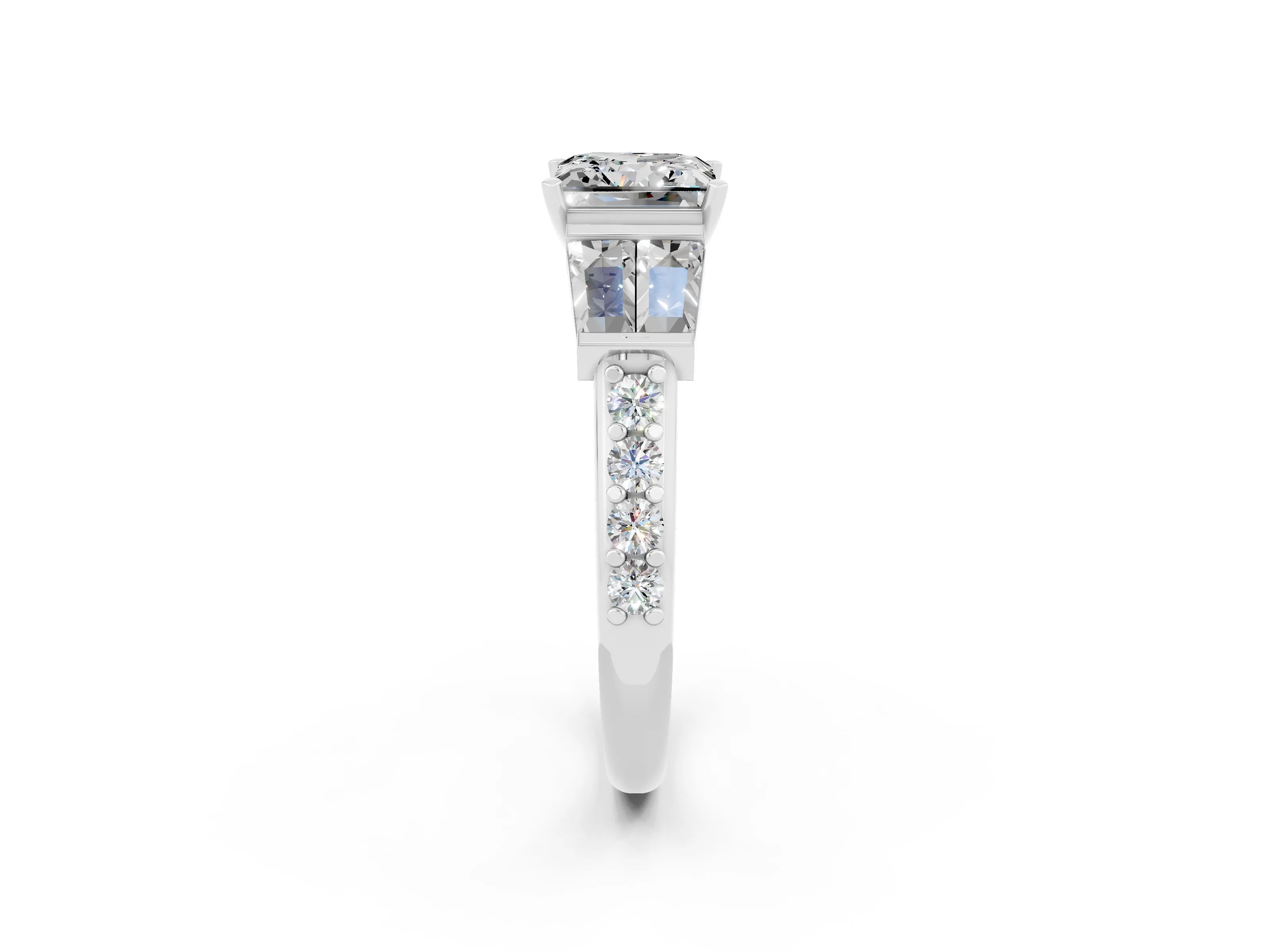 White gold Princess Cut Moissanite Engagement Ring with Baguette Side Stones and Channel Set Band_2