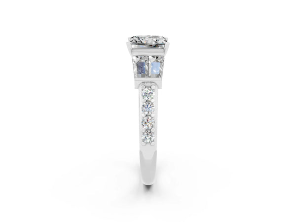 Silver Princess Cut Moissanite Engagement Ring with Baguette Side Stones and Channel Set Band