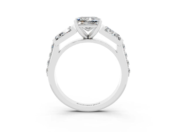 Platinum Princess Cut Moissanite Engagement Ring with Baguette Side Stones and Channel Set Band