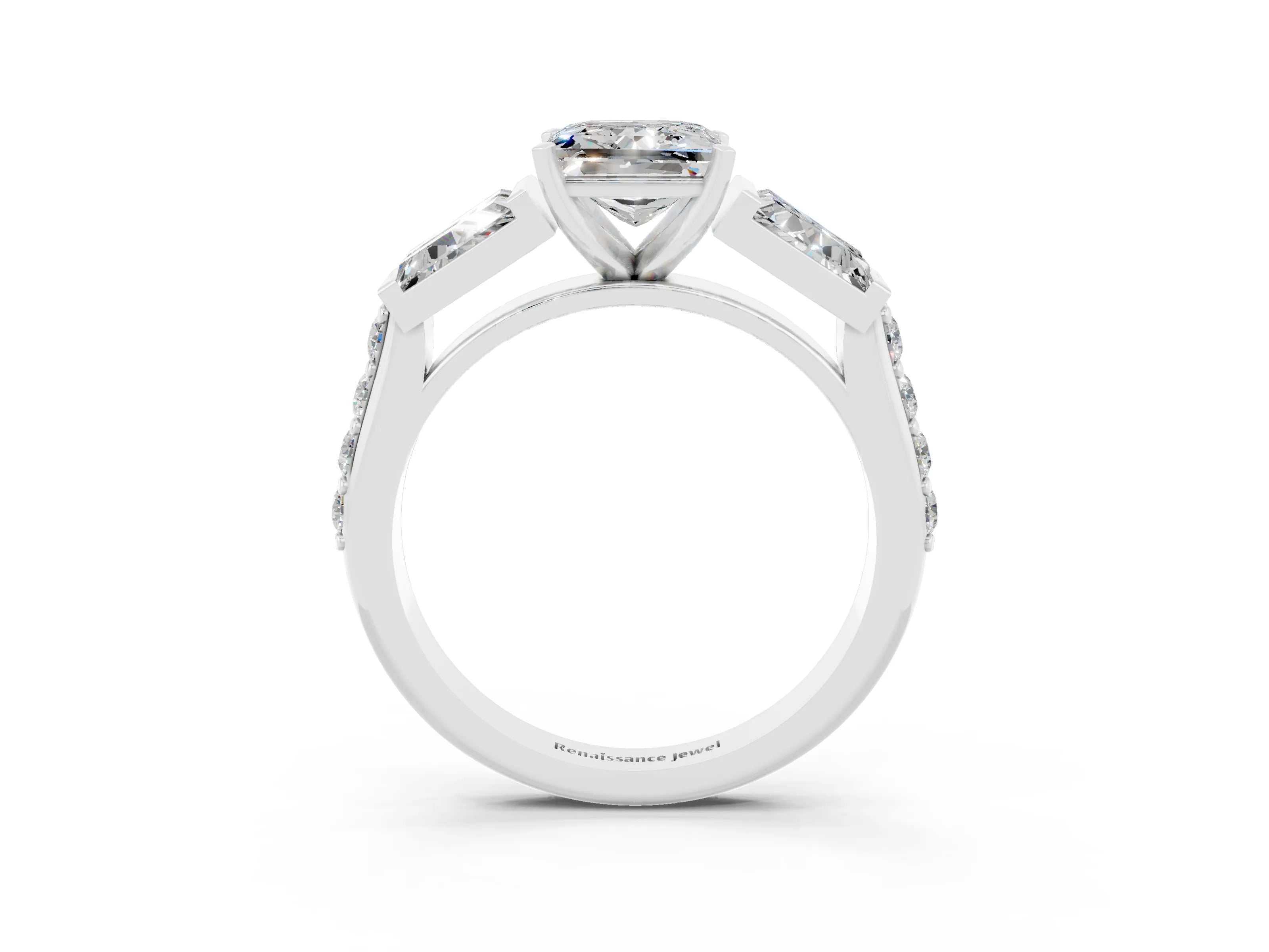 White gold Princess Cut Moissanite Engagement Ring with Baguette Side Stones and Channel Set Band_3
