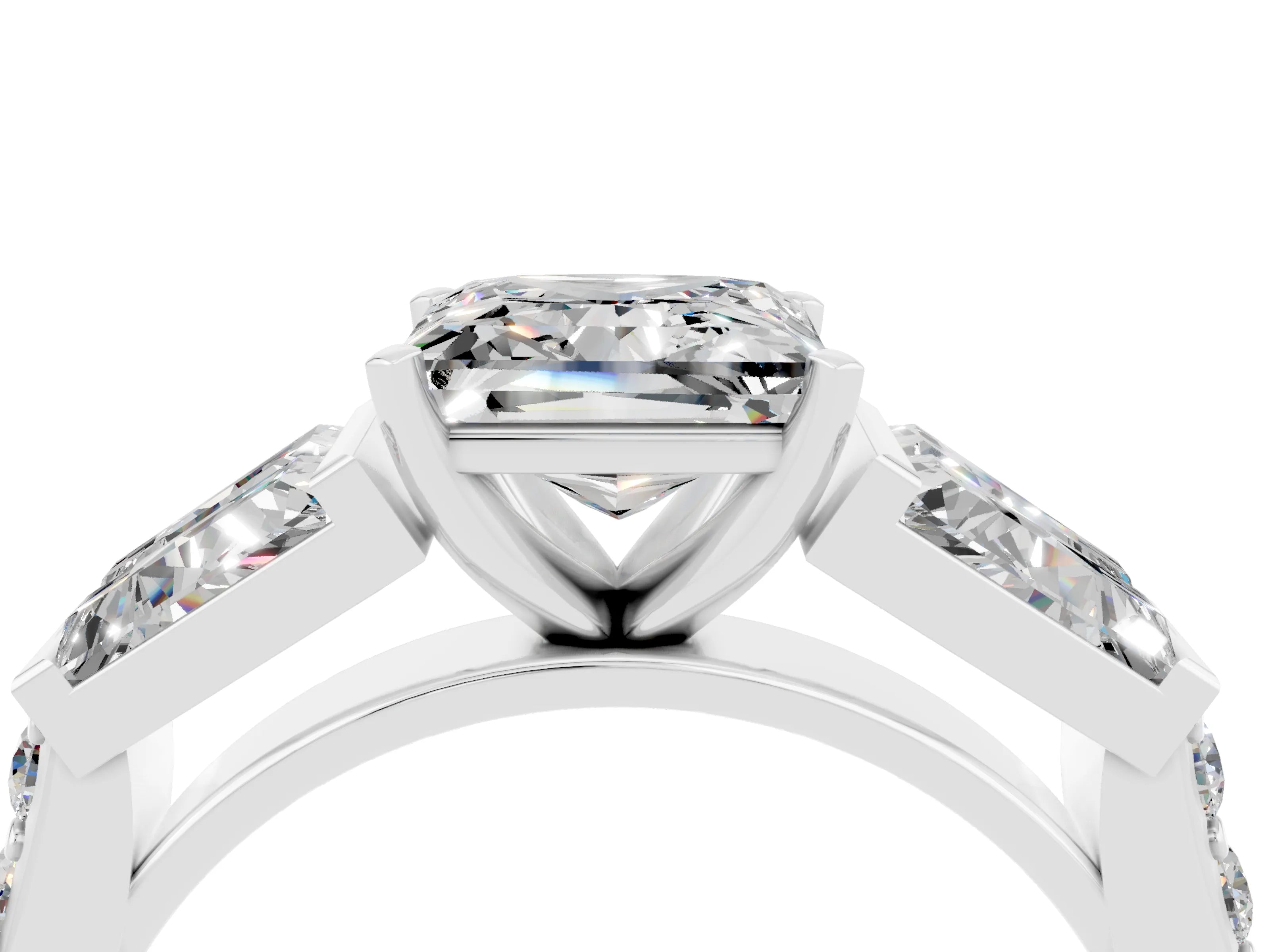 White gold Princess Cut Moissanite Engagement Ring with Baguette Side Stones and Channel Set Band_4