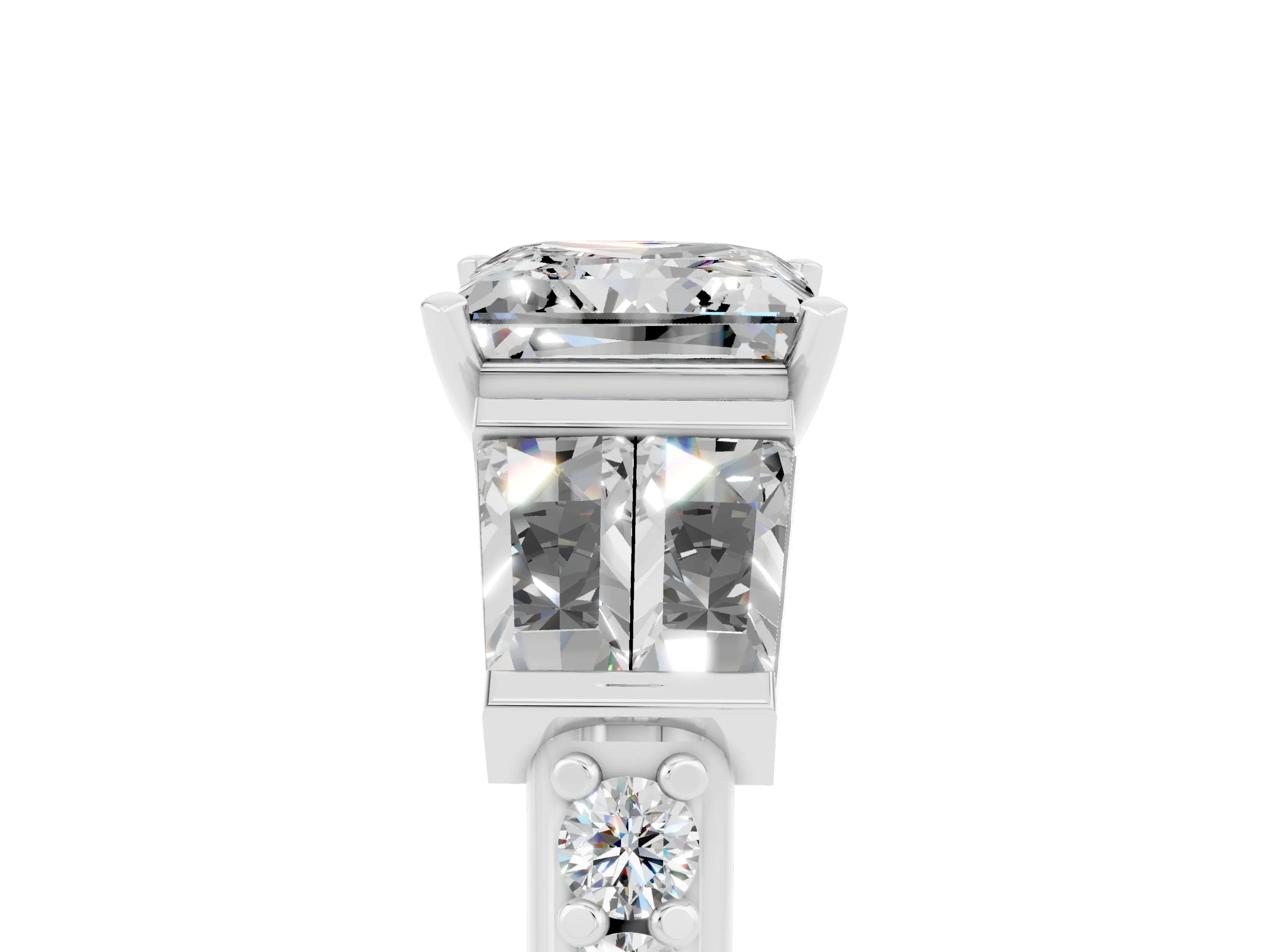 White gold Princess Cut Moissanite Engagement Ring with Baguette Side Stones and Channel Set Band_5