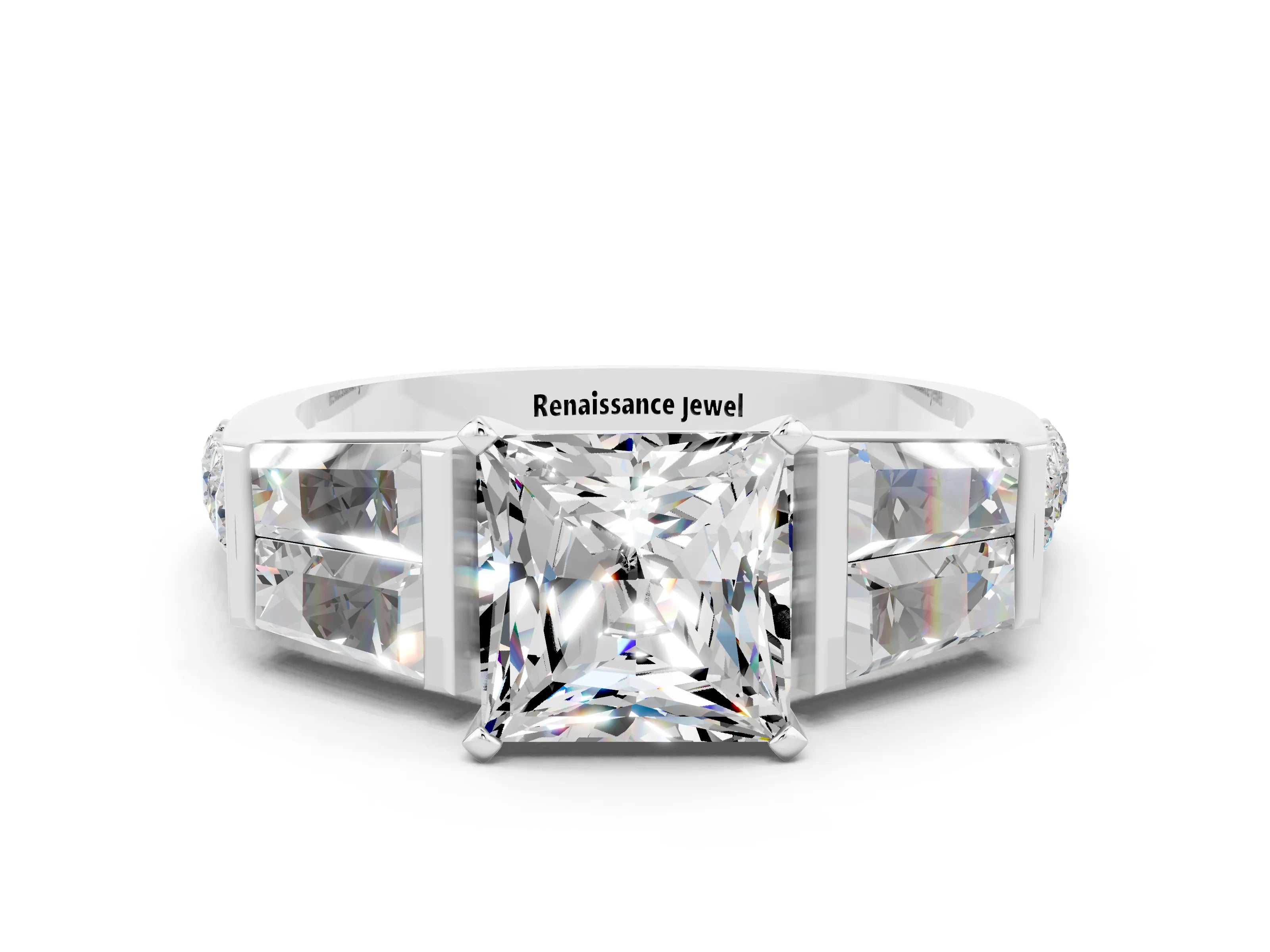 White gold Princess Cut Moissanite Engagement Ring with Baguette Side Stones and Channel Set Band