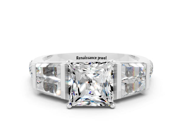 Silver Princess Cut Moissanite Engagement Ring with Baguette Side Stones and Channel Set Band