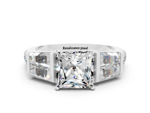 White gold Princess Cut Moissanite Engagement Ring with Baguette Side Stones and Channel Set Band