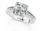 White gold Princess Cut Moissanite Engagement Ring with Milgrain Channel Set Band and Prong Setting_1