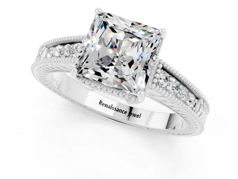 White gold Princess Cut Moissanite Engagement Ring with Milgrain Channel Set Band and Prong Setting_1