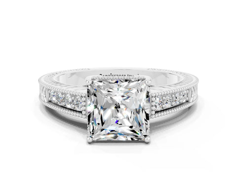 White gold Princess Cut Moissanite Engagement Ring with Milgrain Channel Set Band and Prong Setting