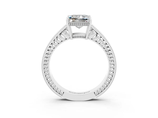 Platinum Princess Cut Moissanite Engagement Ring with Milgrain Channel Set Band and Prong Setting