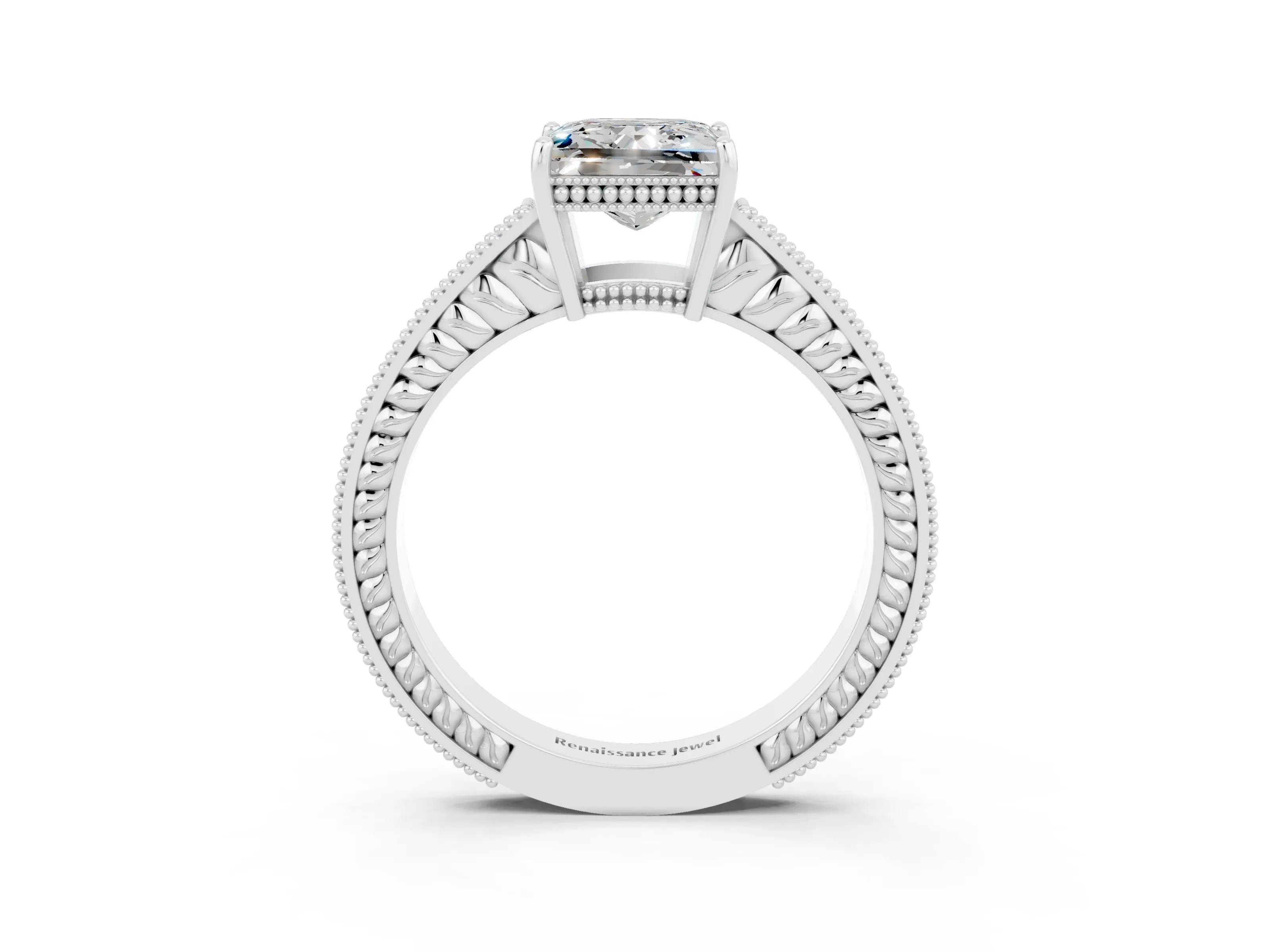 White gold Princess Cut Moissanite Engagement Ring with Milgrain Channel Set Band and Prong Setting_3