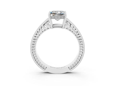 White gold Princess Cut Moissanite Engagement Ring with Milgrain Channel Set Band and Prong Setting_3