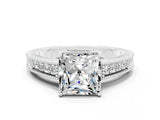 White gold Princess Cut Moissanite Engagement Ring with Milgrain Channel Set Band and Prong Setting