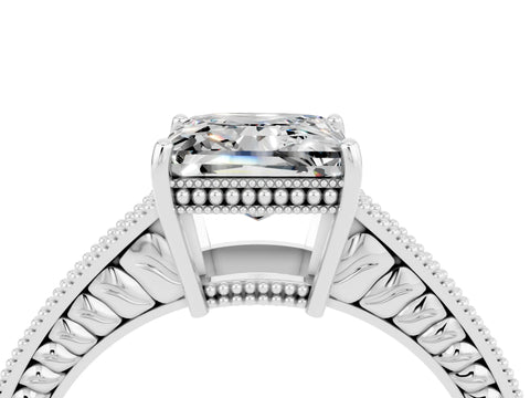 White gold Princess Cut Moissanite Engagement Ring with Milgrain Channel Set Band and Prong Setting_4