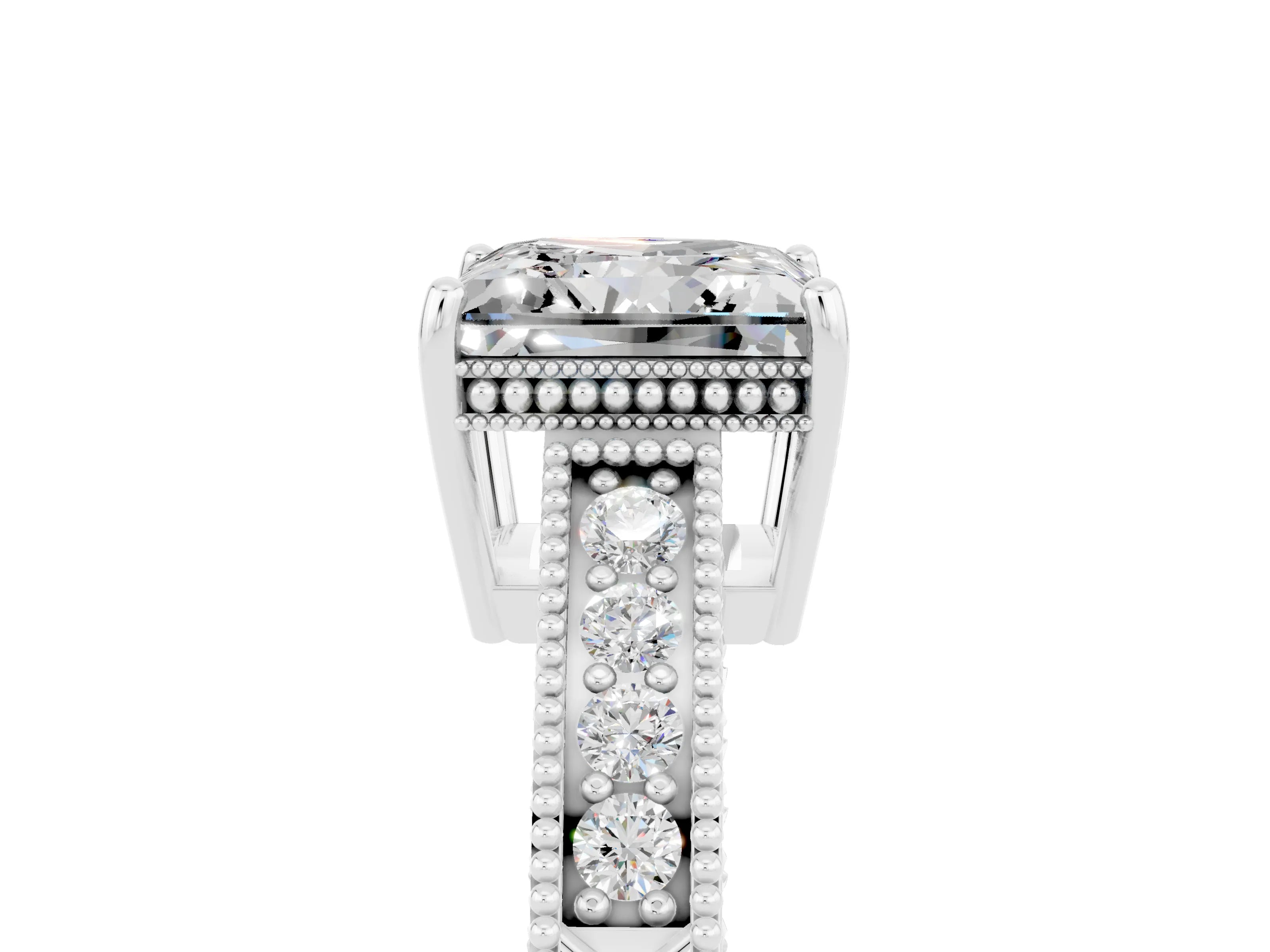 White gold Princess Cut Moissanite Engagement Ring with Milgrain Channel Set Band and Prong Setting_5