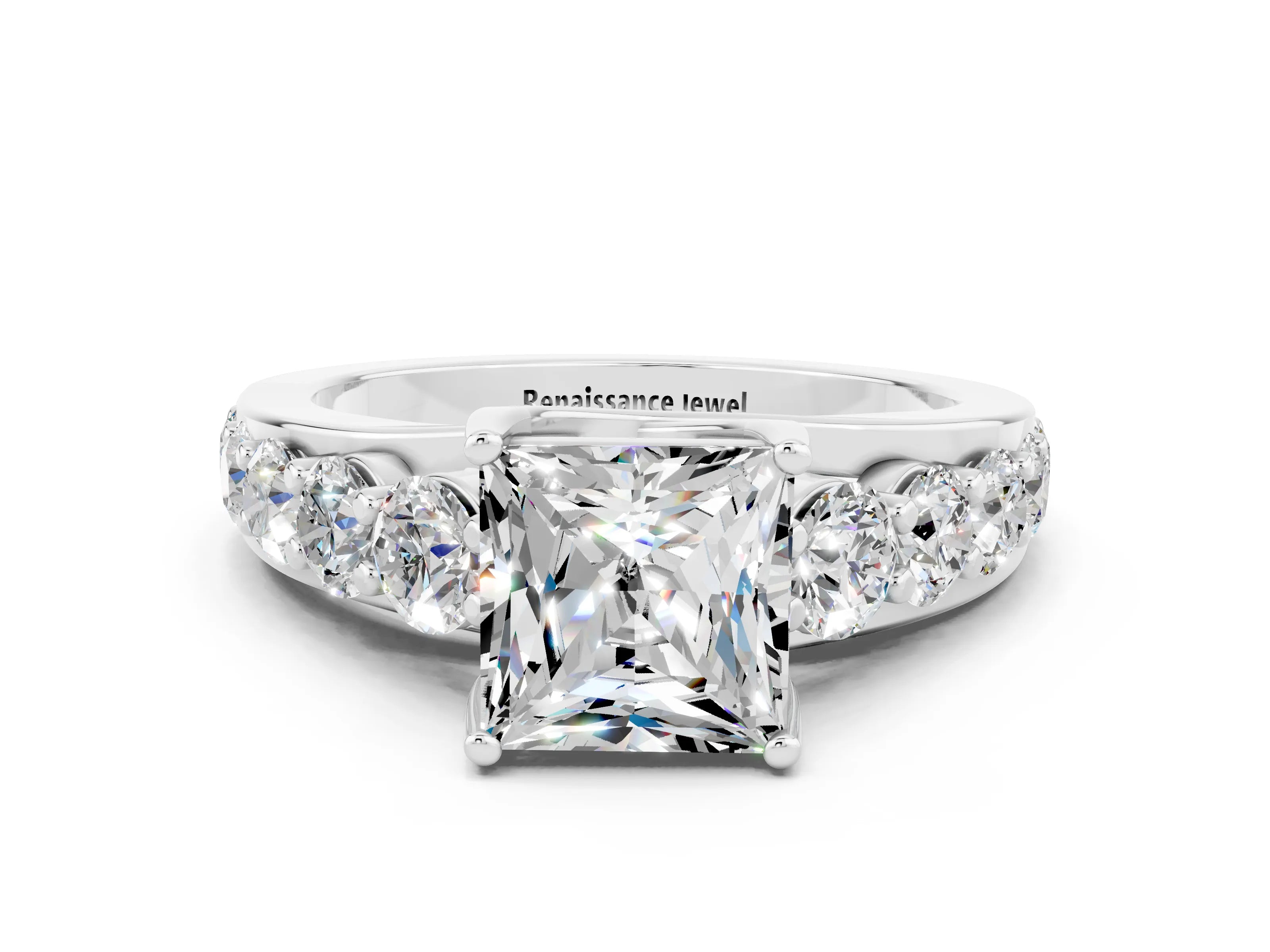 White gold Princess Cut Moissanite Engagement Ring with Pavé Band and Four-Prong Setting