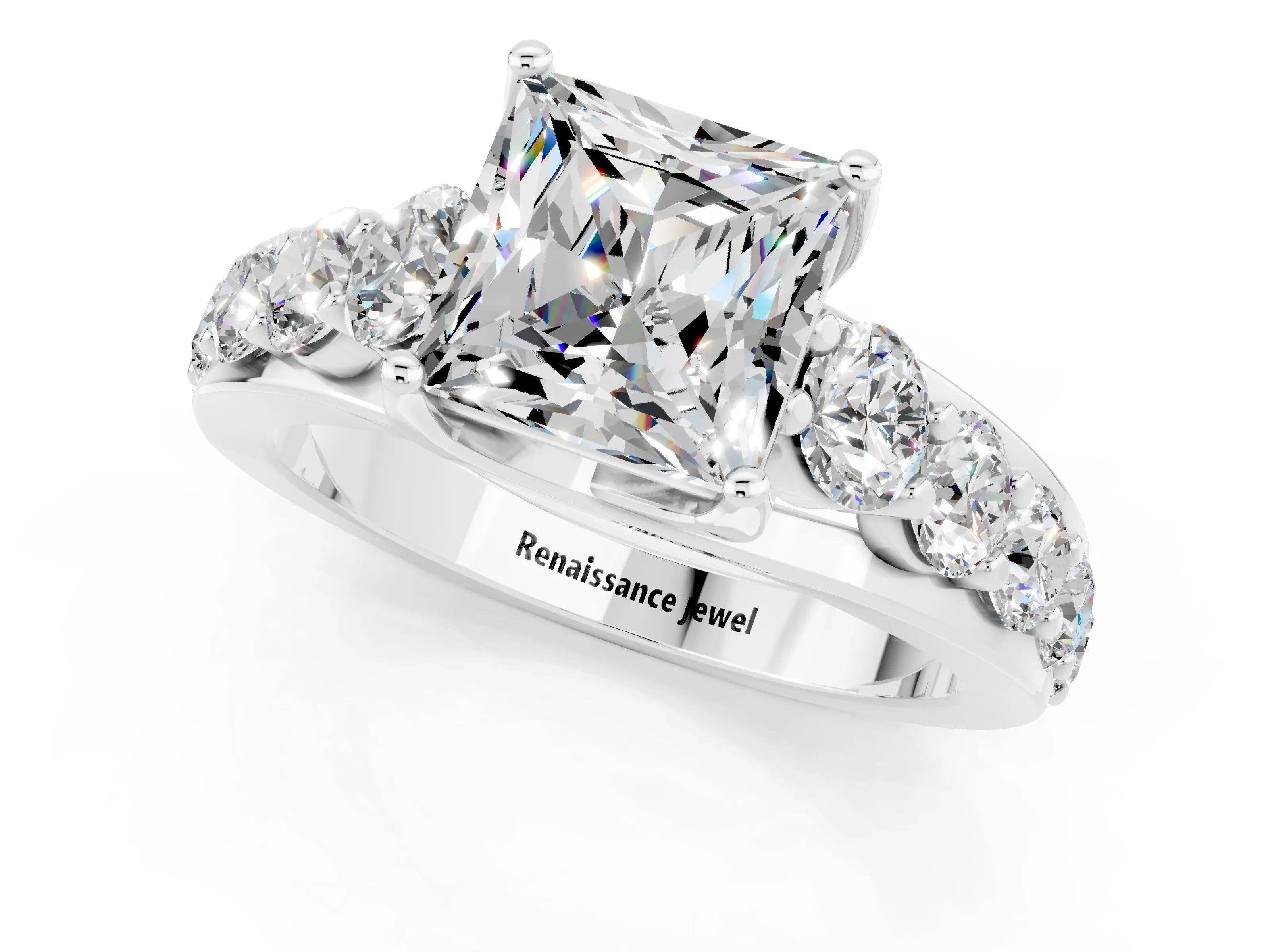 White gold Princess Cut Moissanite Engagement Ring with Pavé Band and Four-Prong Setting_1