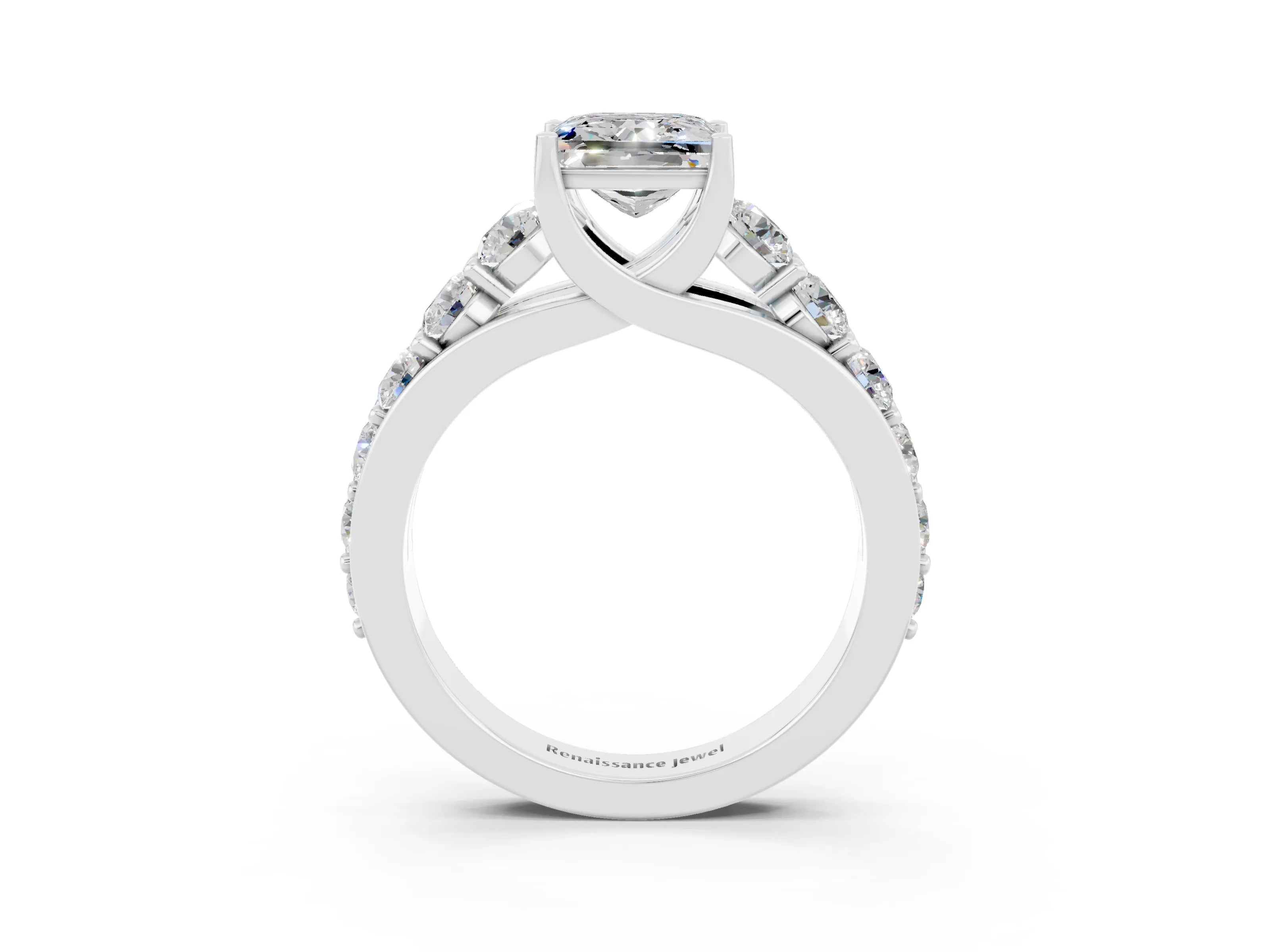 White gold Princess Cut Moissanite Engagement Ring with Pavé Band and Four-Prong Setting_3