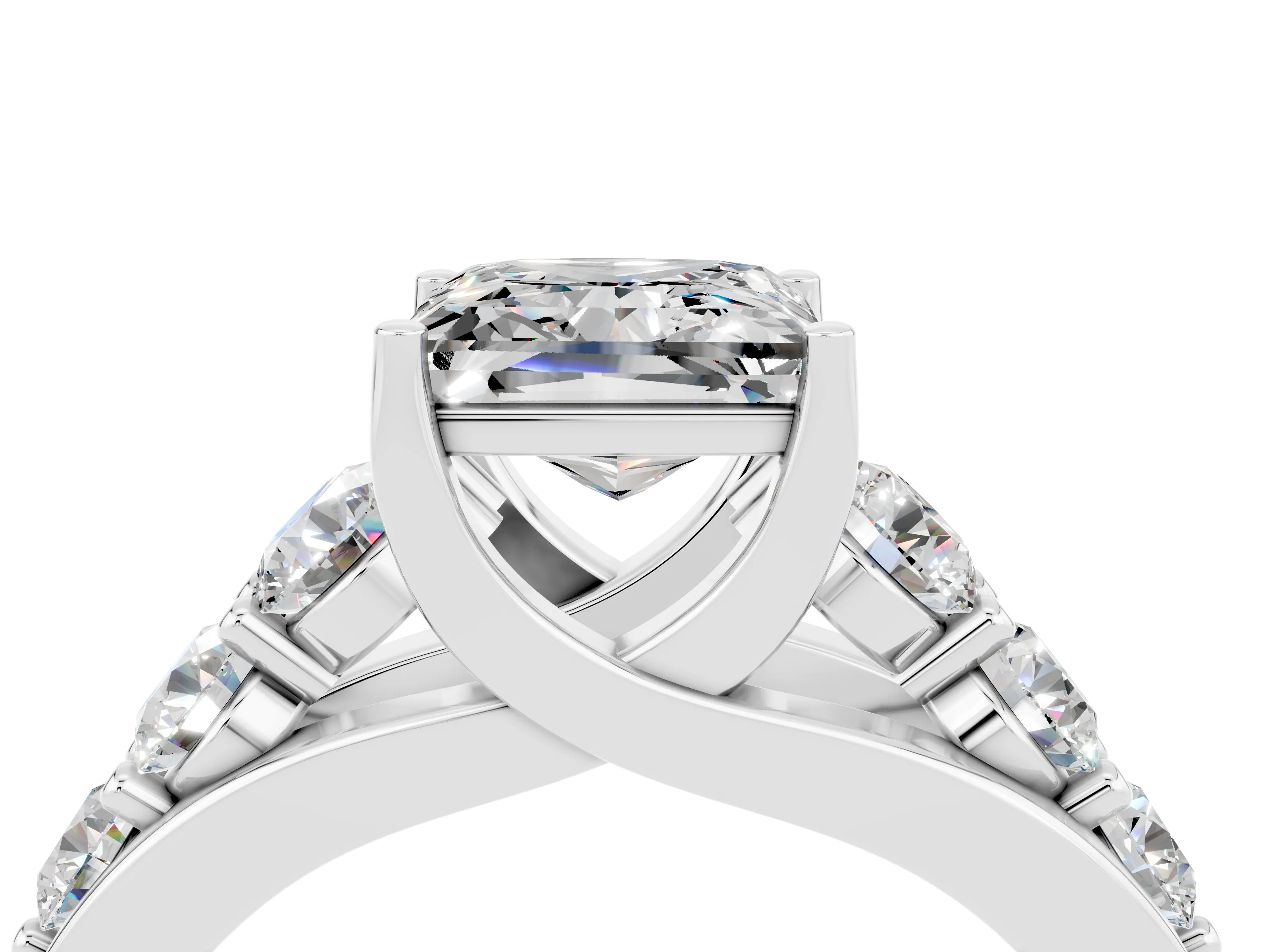 White gold Princess Cut Moissanite Engagement Ring with Pavé Band and Four-Prong Setting_4