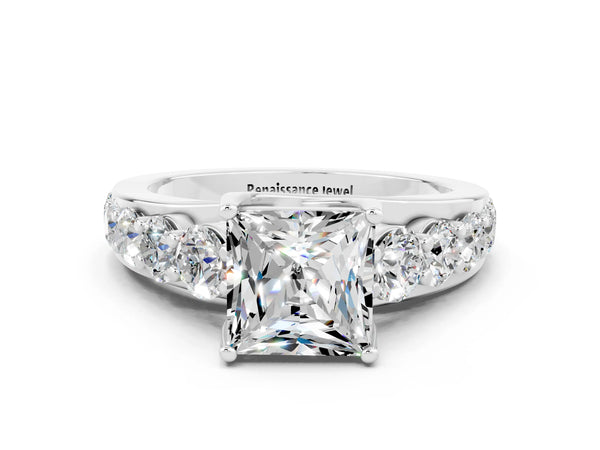Silver Princess Cut Moissanite Engagement Ring with Pavé Band and Four-Prong Setting