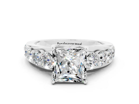 White gold Princess Cut Moissanite Engagement Ring with Pavé Band and Four-Prong Setting