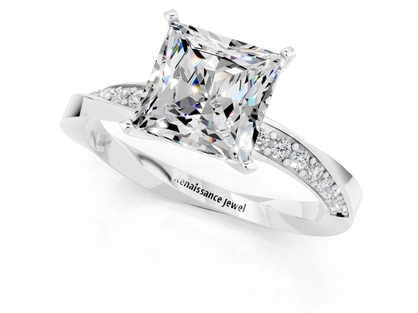 White gold Princess Cut Moissanite Engagement Ring with Side Stone Accents and Four-Prong Setting