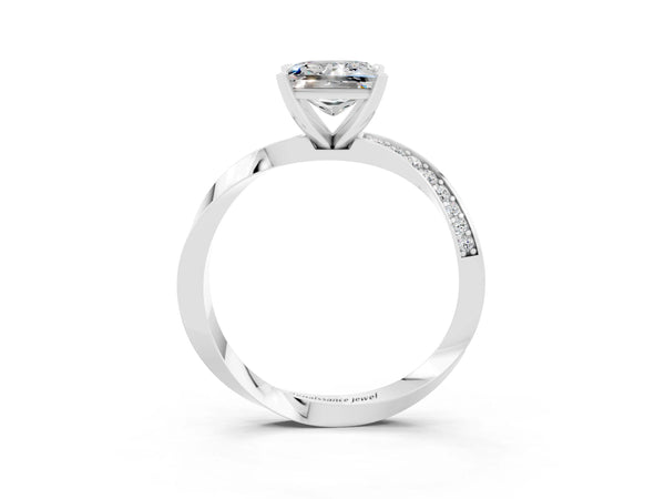 Platinum Princess Cut Moissanite Engagement Ring with Side Stone Accents and Four-Prong Setting