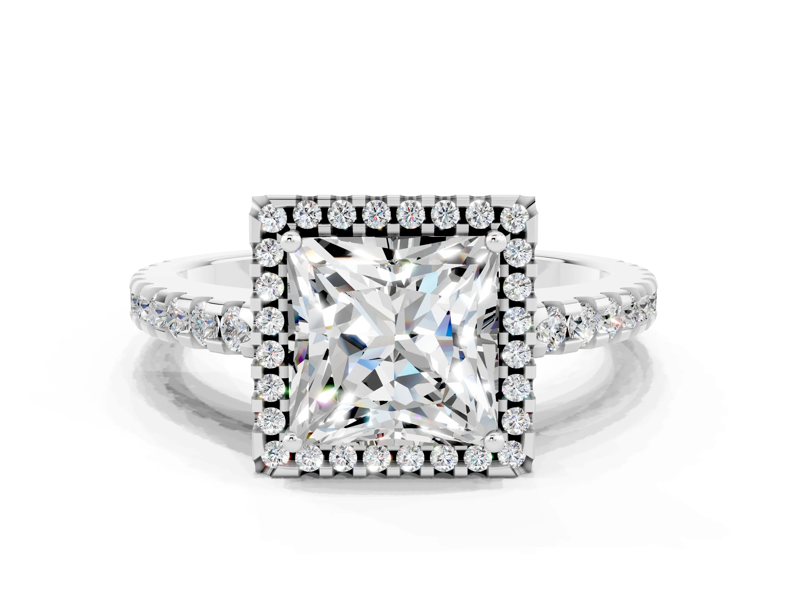 White gold Princess Cut Moissanite Halo Engagement Ring with Pavé Band and Prong Setting_12
