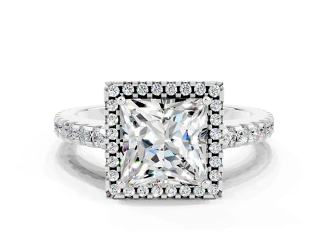 White gold Princess Cut Moissanite Halo Engagement Ring with Pavé Band and Prong Setting_12