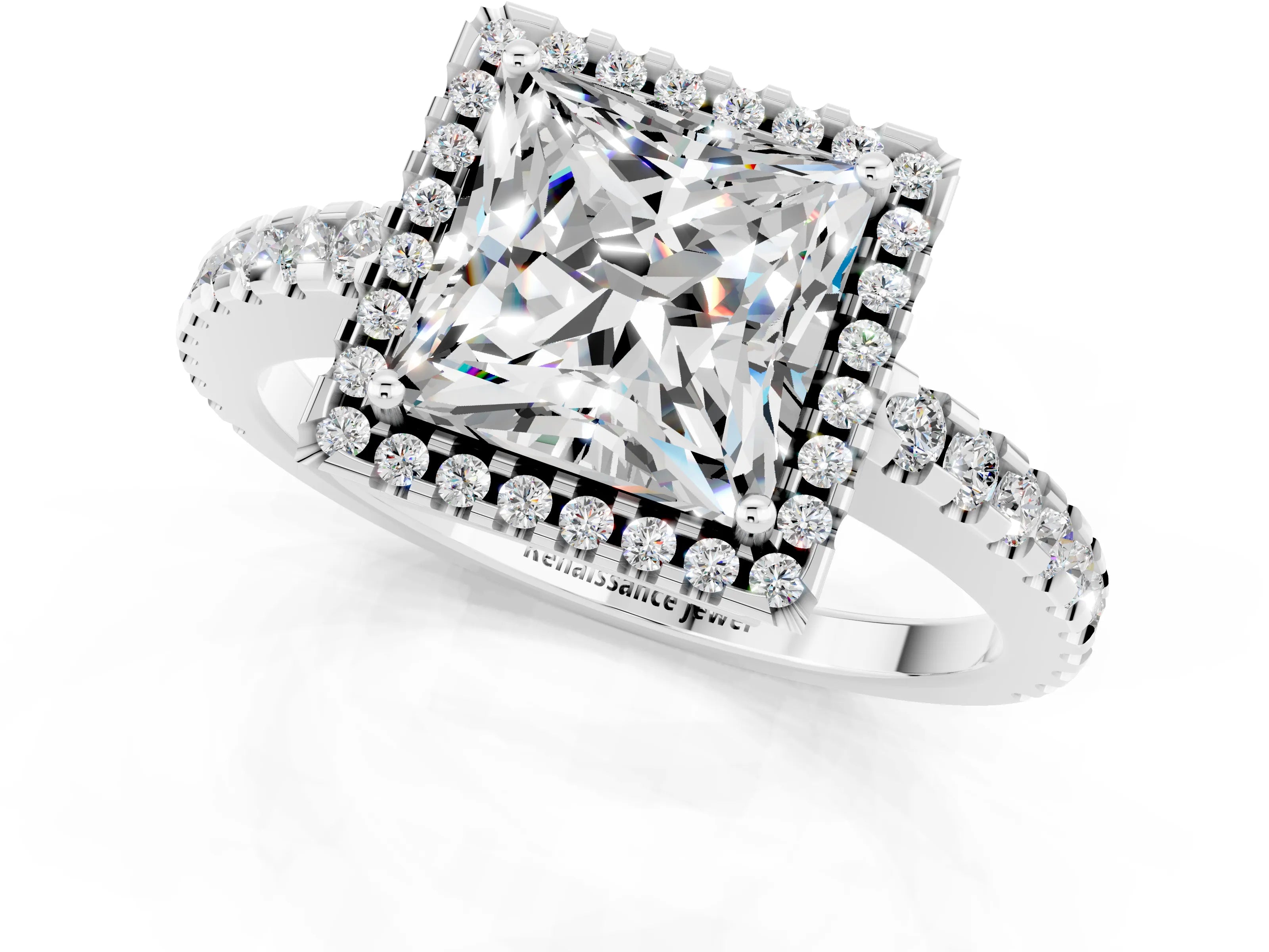 White gold Princess Cut Moissanite Halo Engagement Ring with Pavé Band and Prong Setting_13
