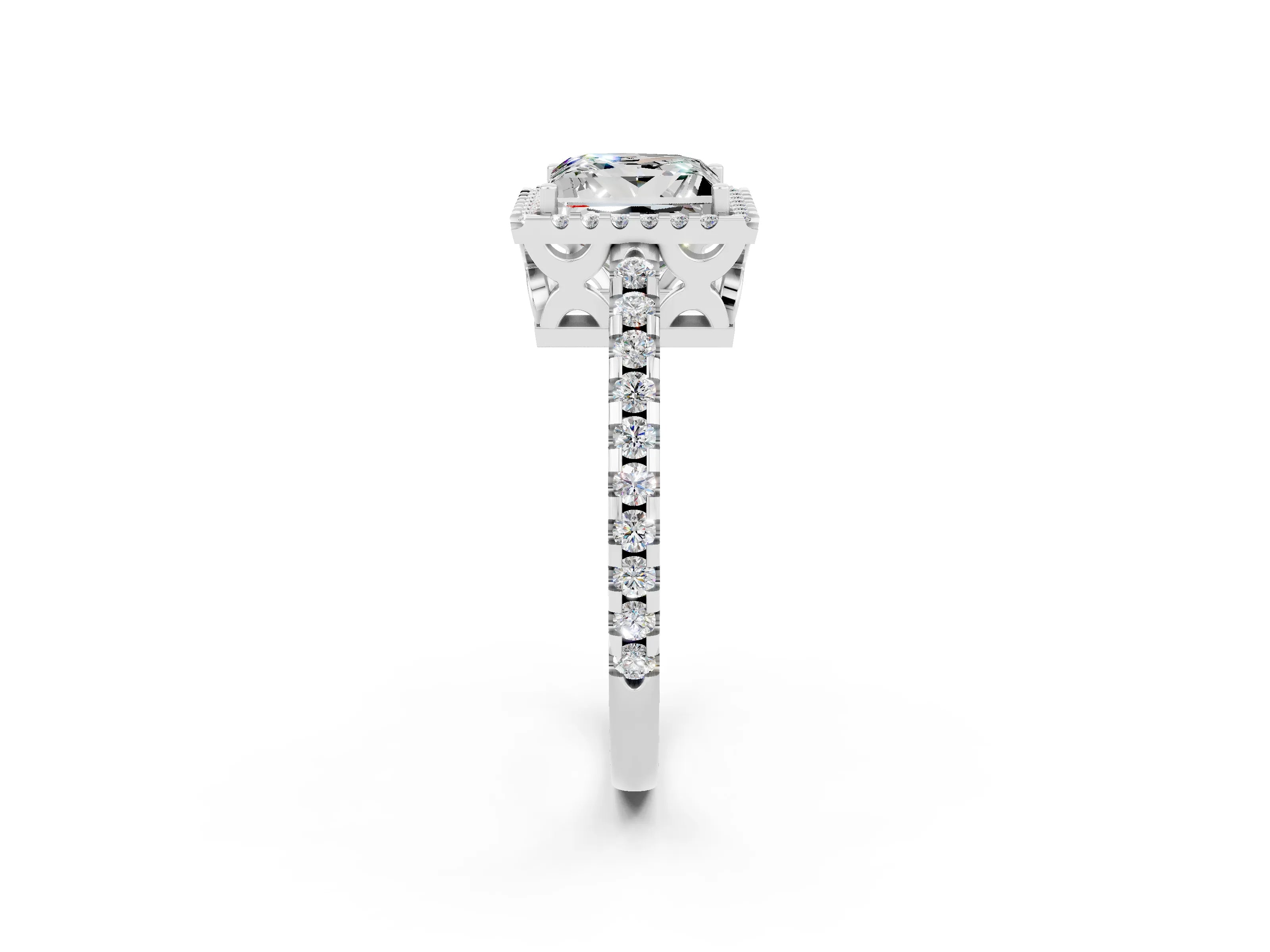 White gold Princess Cut Moissanite Halo Engagement Ring with Pavé Band and Prong Setting_14