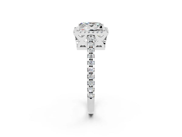 Silver Princess Cut Moissanite Halo Engagement Ring with Pavé Band and Prong Setting