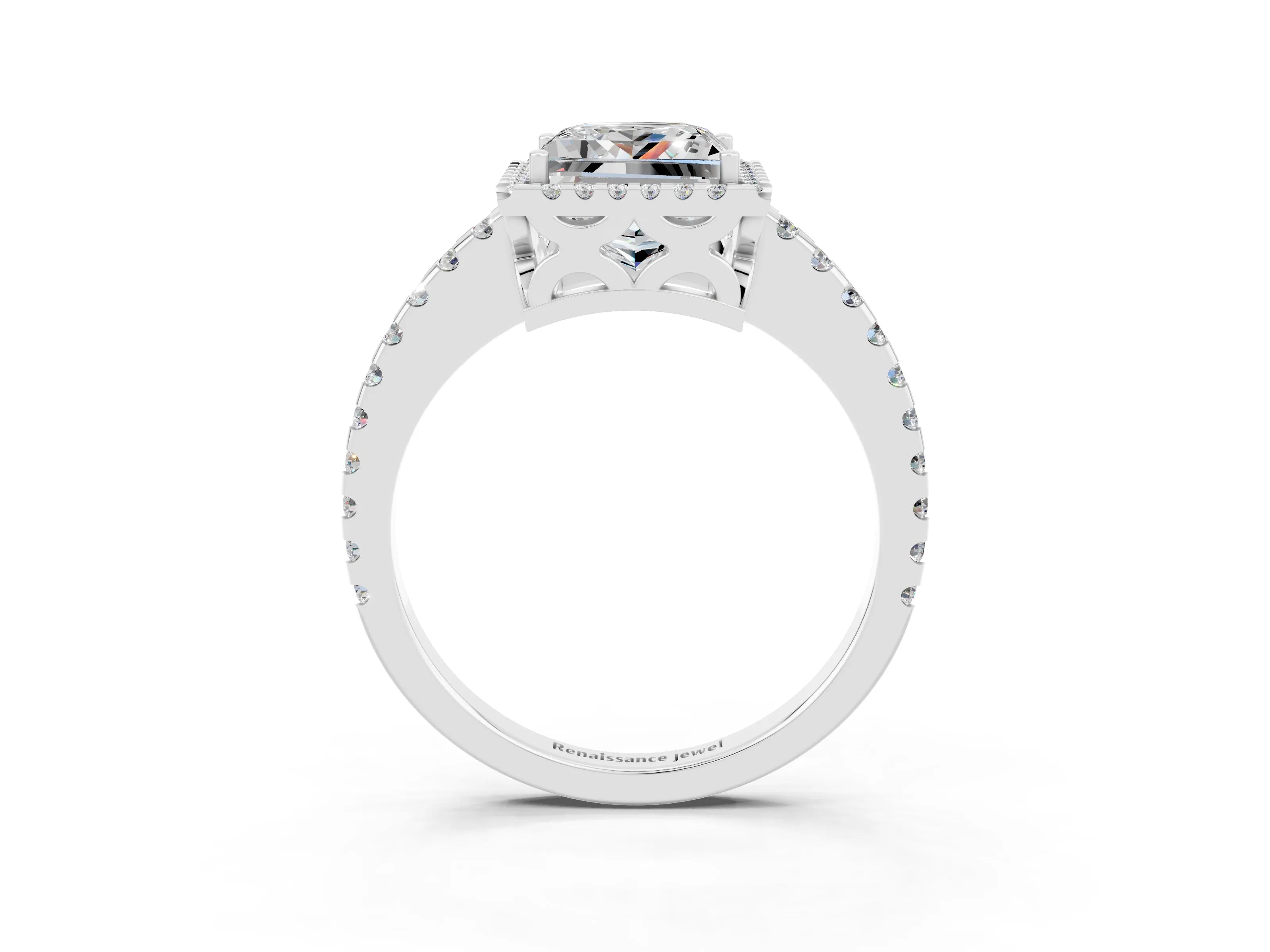 White gold Princess Cut Moissanite Halo Engagement Ring with Pavé Band and Prong Setting_15