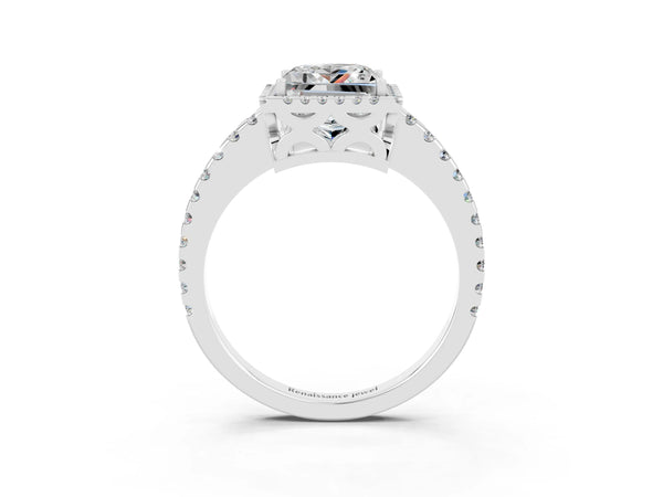Silver Princess Cut Moissanite Halo Engagement Ring with Pavé Band and Prong Setting